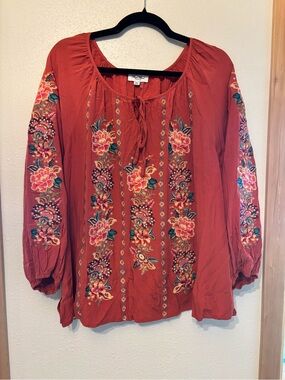 Angel Heart Boutique Embroidered Boho Blouse in Rust with Tie Neck 2X
0077S